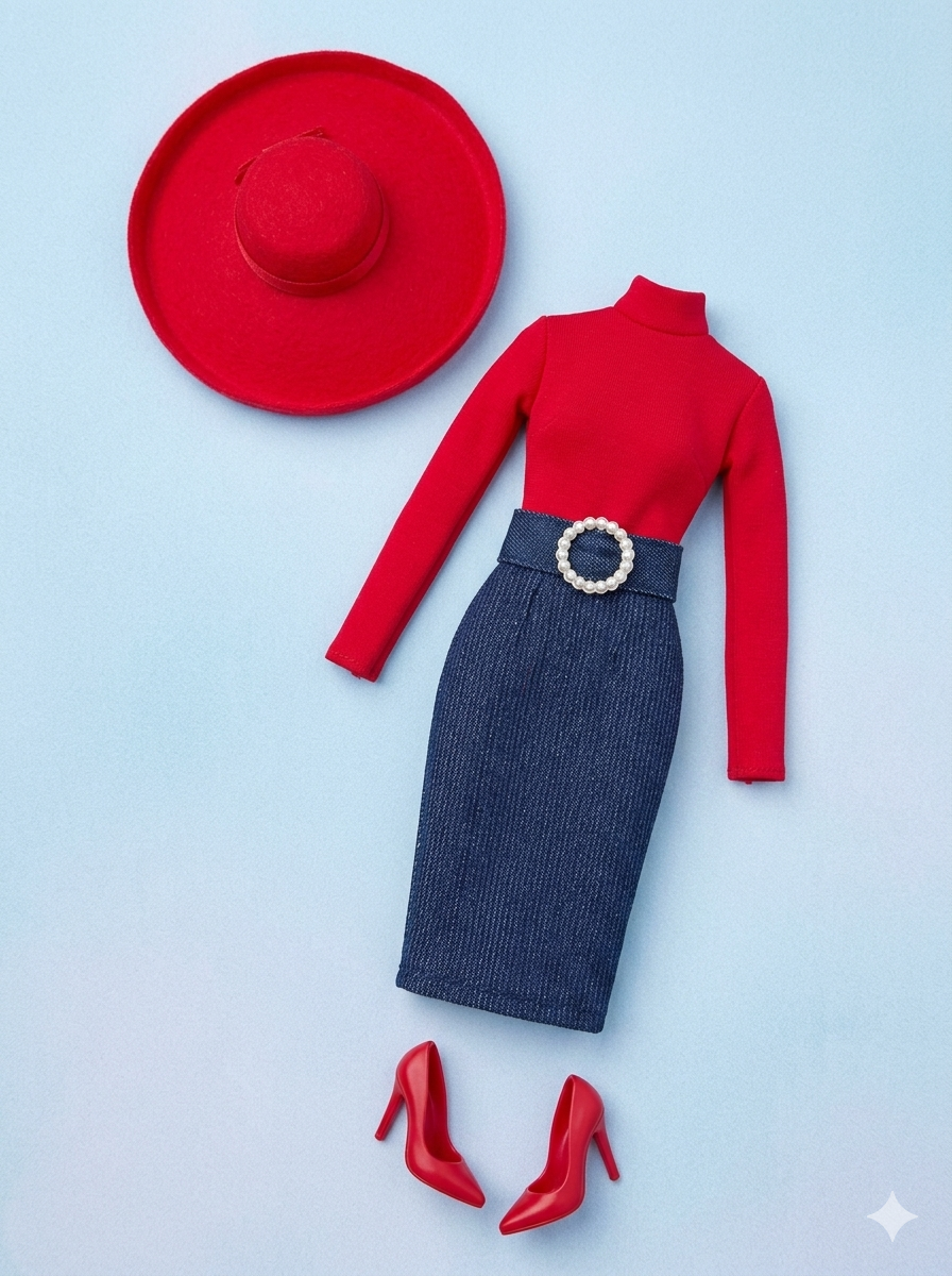 Red Fashion Outfits For 11.5-12" Doll/BJD Clothes Set Top Skirt Big Hat Belt