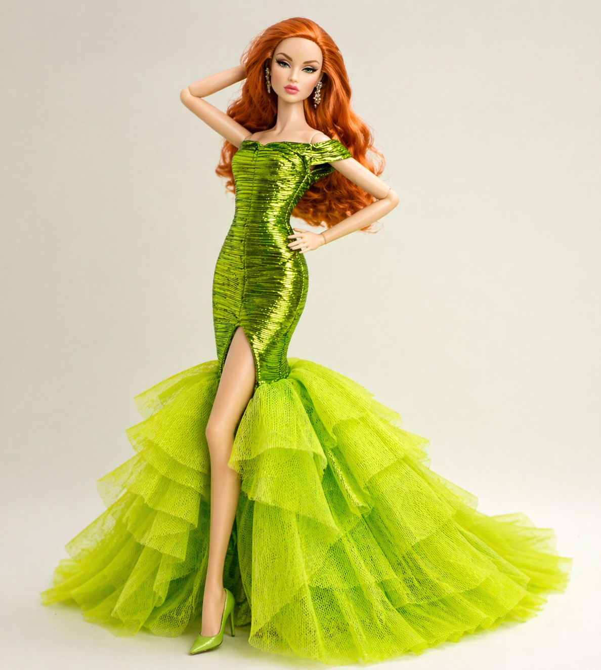 Gorgeous Handmade Shimmery Lime One Shoulder Mermaid Gown