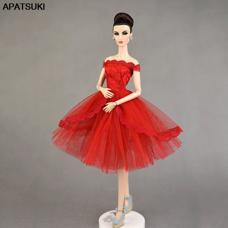 Red Lace Princess Dress for Barbie Doll Outfits Off Shoulder Clothes Evening Party Dress for Blythe Doll Accessories Kid Toy 1/6