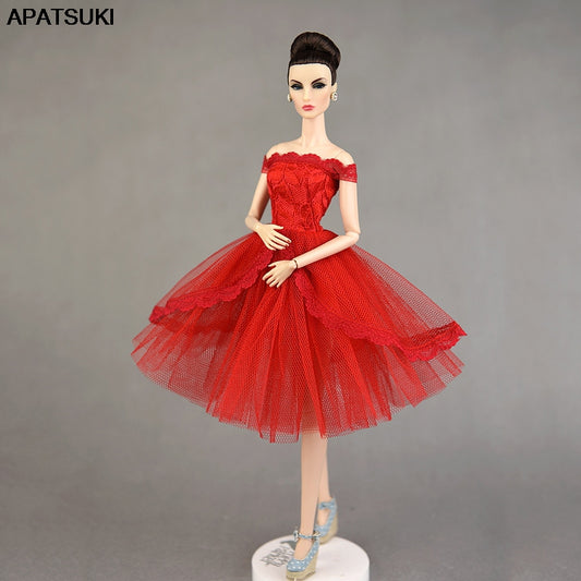 Red Lace Princess Dress for Barbie Doll Outfits Off Shoulder Clothes Evening Party Dress for Blythe Doll Accessories Kid Toy 1/6